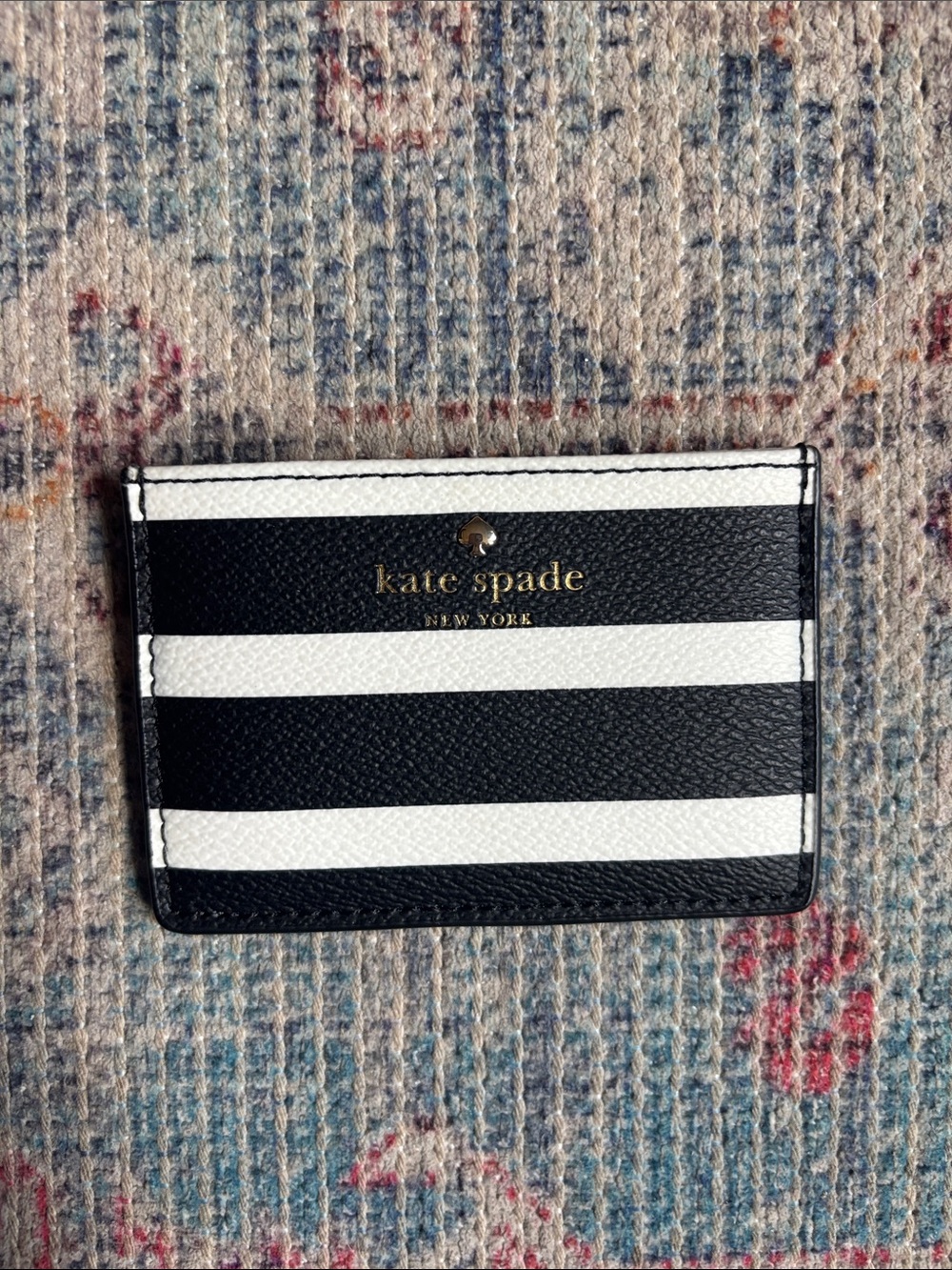kate spade Black and White Stripe Card Case with Gold Logo